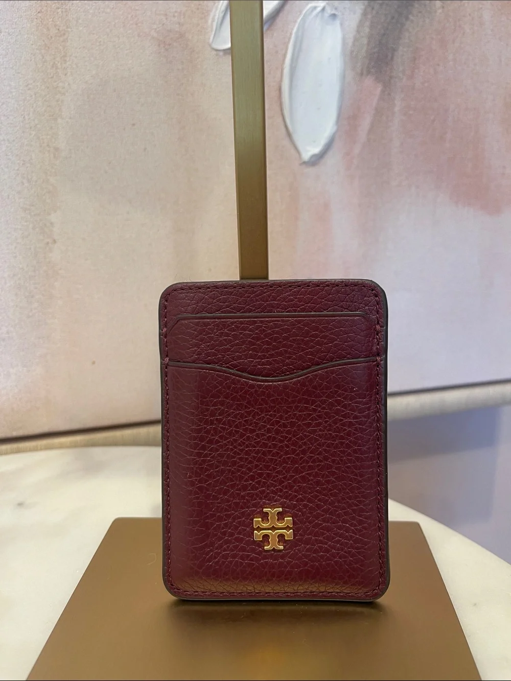Tory Burch Burgundy Pebbled Leather Card Holder with Gold Logo